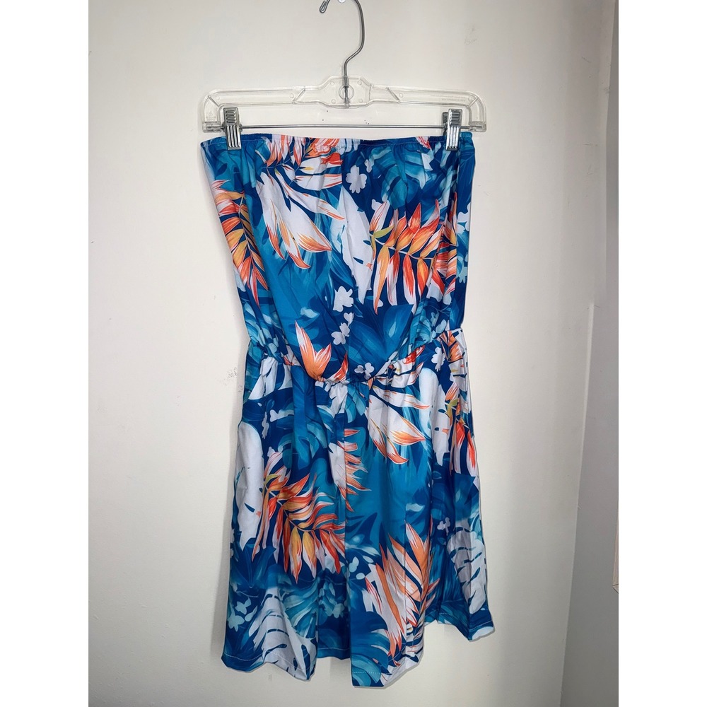 Dressfo Tropical Floral Strapless Romper Blue Orange White Medium